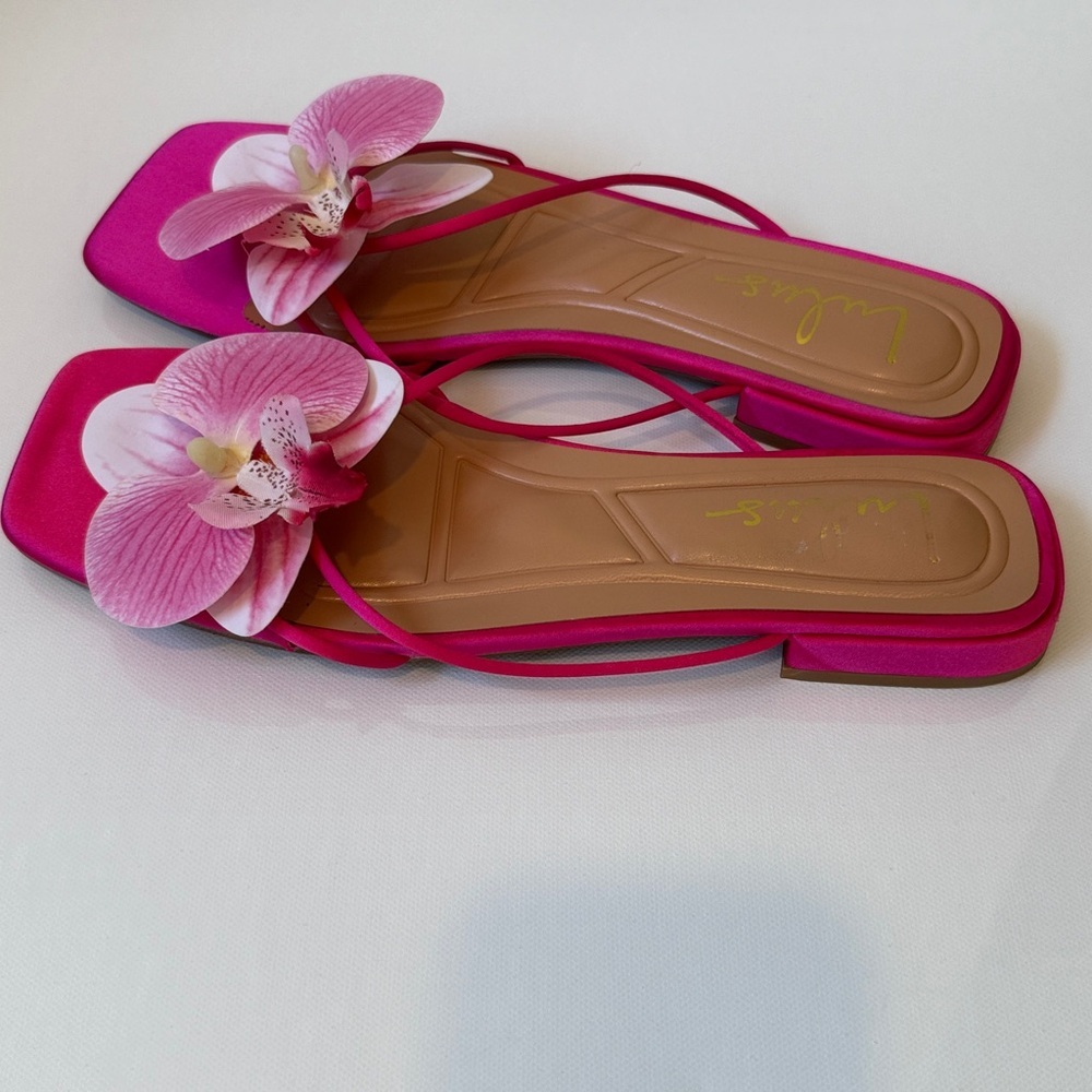 Lulus Pink Satin Orchid Sandals Size 8 Strappy Floral Slide - Picture 4 of 6